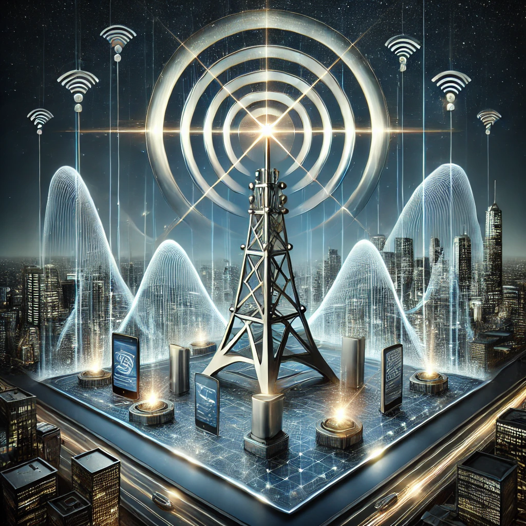 A modern and dynamic image representing the concept of 'Platinum Band' in mobile telecommunications. The scene features a sleek, metallic platinum-colored antenna tower emitting signals, with waves and arcs illustrating strong, high-quality signal transmission. The background includes a cityscape with tall buildings, and various mobile devices like smartphones and tablets, connected by glowing lines representing the network. The color scheme should emphasize platinum and silver tones, with a futuristic and technological feel. The overall atmosphere should convey reliability, strength, and advanced communication technology.