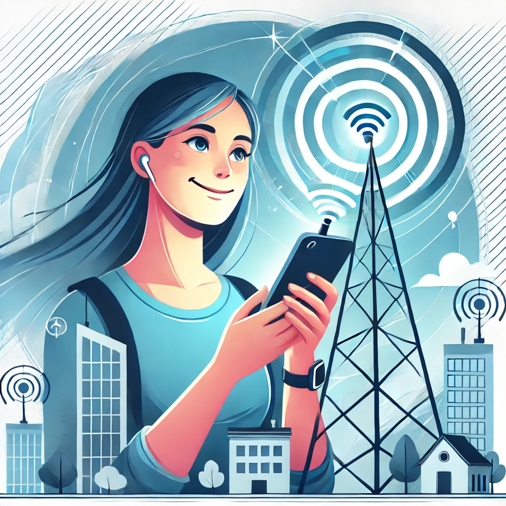 An illustration of a person receiving a strong signal on their smartphone. The scene features a modern, urban environment with the person holding a smartphone, looking happy and engaged. Signal waves are depicted coming from a nearby antenna tower and connecting to the smartphone, symbolizing a strong, reliable connection. The person is surrounded by a few other tech elements, like a smartwatch and earbuds, to emphasize the modern, connected lifestyle. The overall color scheme includes bright, vibrant tones to convey positivity and efficiency.